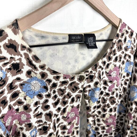 NICOLE MILLER Silk Blend Cardigan Size XL Animal Print Floral Cardi Scoop Neck - Picture 3 of 9